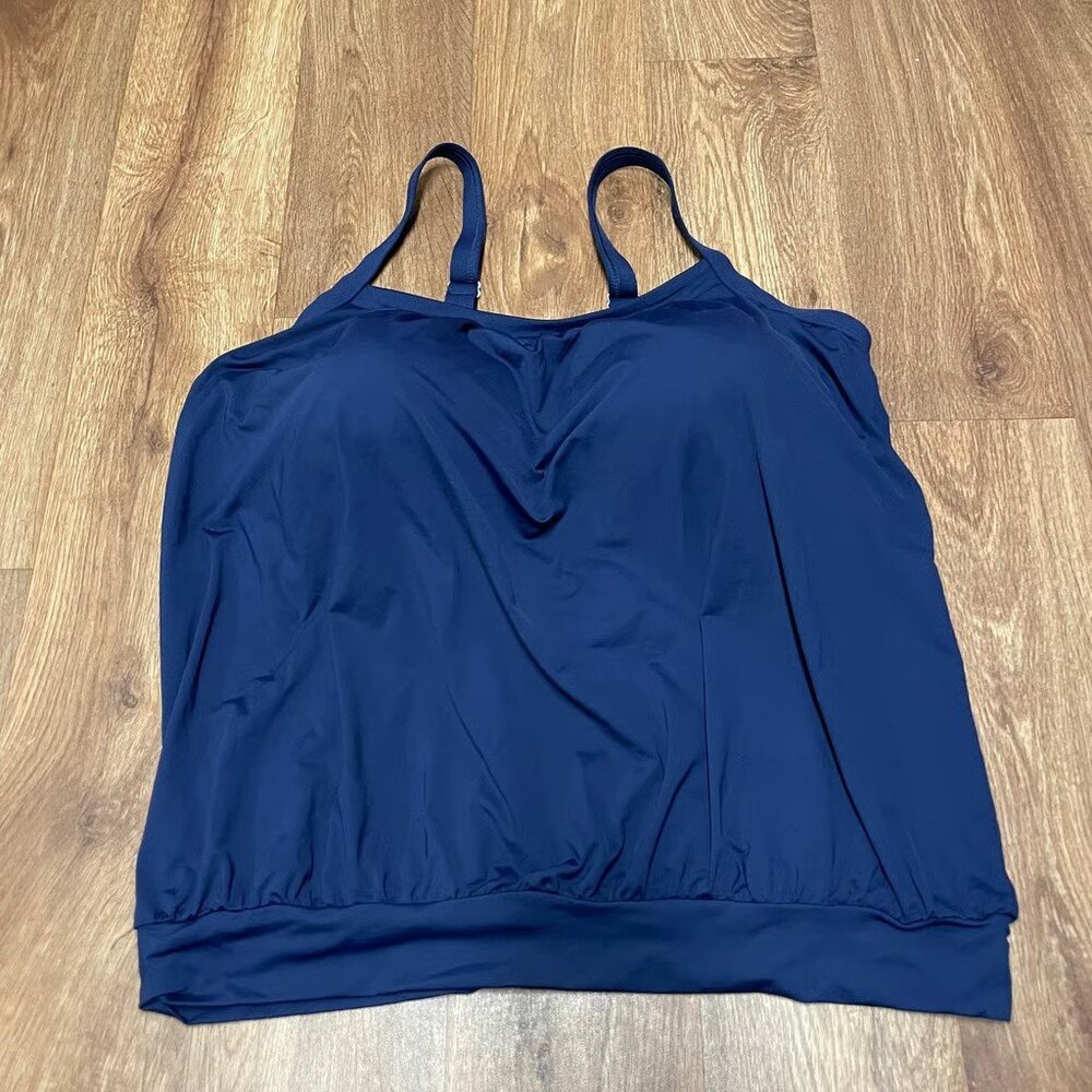 Lands End Womens Solid Navy Blue Tankini Swim Top Drape Banded 18DD Molded Cups
